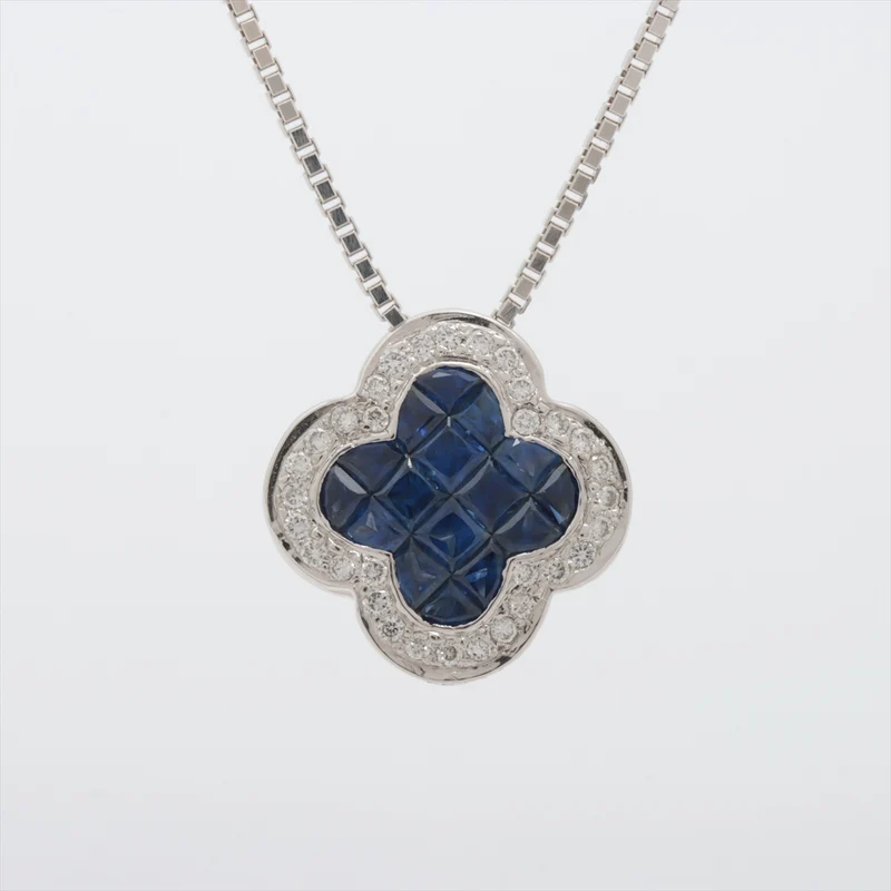 Collier Saphir Bleu 1.15 ct Diamant 0.28 ct Or Blanc 18Kt &750 6.2g