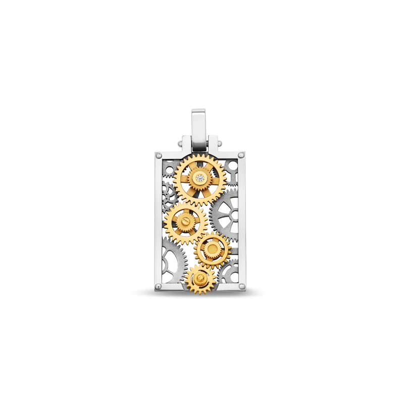 Pendentif Engrenages Rectangle en or blanc et or jaune