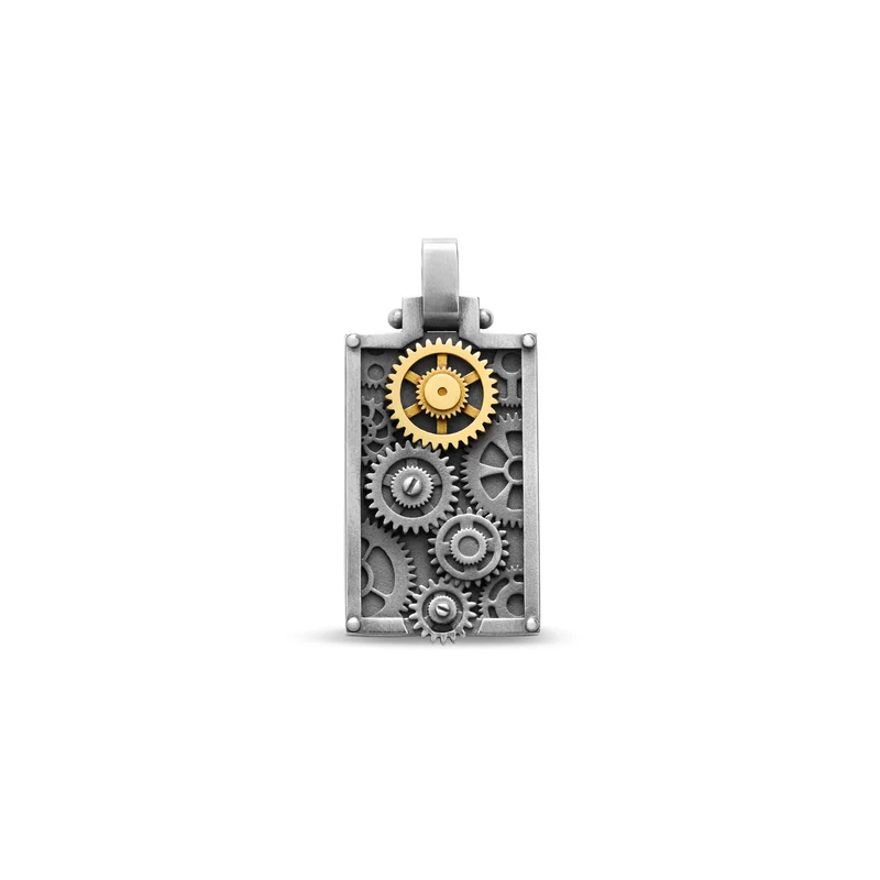 Pendentif Engrenages Rectangle en argent et or jaune