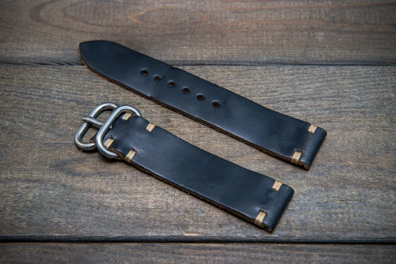 Black leather watch strap, handmade in Finland - 16mm, 17 mm, 18mm, 19mm, 20mm, 21 mm, 22mm, 23 mm, 24mm.