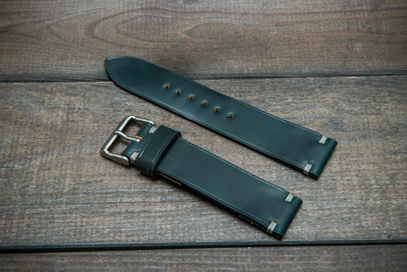 Shell Cordovan leather watch strap, Deep Forest. Handmade in Finland