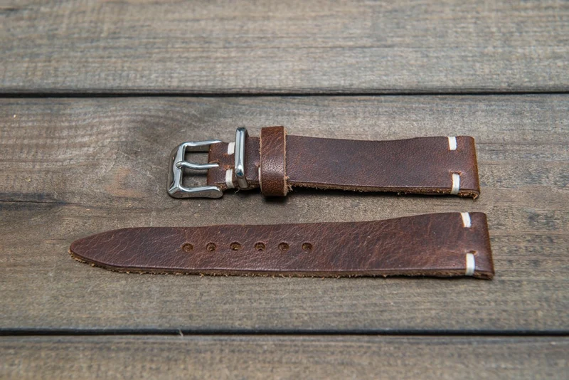 Derby Nut brown leather watch band, handmade in Finland. Tapered size: 26/22mm, 25/22 mm, 24/20mm, 23/20 mm, 22/18 mm, 21/18 mm, 20/16 mm, 19/16 mm