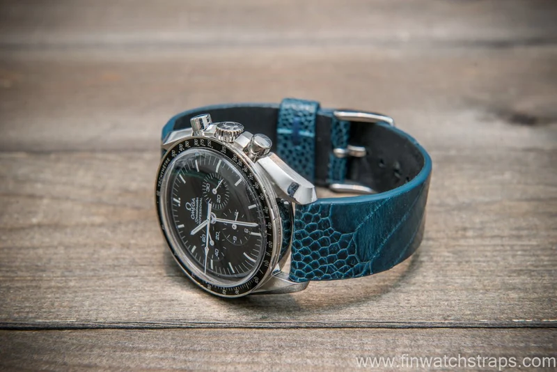 Ostrich legs leather watch strap, Glazed Cobalt color, handmade in Finland, 10-26 mm